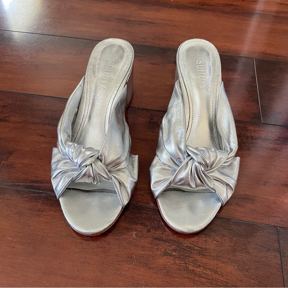 Schutz x Anthropologie Silver Mindy Block Slide Sandals